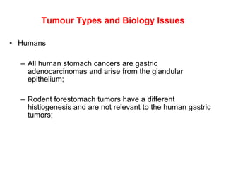 Tumour Types and Biology Issues

• Humans

  – All human stomach cancers are gastric
    adenocarcinomas and arise from the glandular
    epithelium;

  – Rodent forestomach tumors have a different
    histiogenesis and are not relevant to the human gastric
    tumors;
 