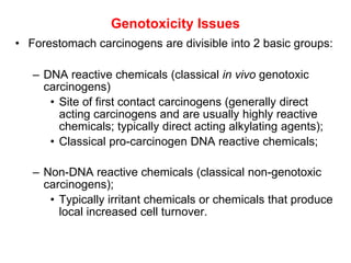 Genotoxicity Issues
• Forestomach carcinogens are divisible into 2 basic groups:

   – DNA reactive chemicals (classical in vivo genotoxic
     carcinogens)
      • Site of first contact carcinogens (generally direct
        acting carcinogens and are usually highly reactive
        chemicals; typically direct acting alkylating agents);
      • Classical pro-carcinogen DNA reactive chemicals;

   – Non-DNA reactive chemicals (classical non-genotoxic
     carcinogens);
      • Typically irritant chemicals or chemicals that produce
        local increased cell turnover.
 
