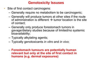 Genotoxicity Issuses
• Site of first contact carcinogens:
   – Generally require no metabolism to be carcinogenic;
   – Generally will produce tumors at other sites if the route
     of administration is different  tumor location is the site
     of contact;
   – Generally only produce forestomach tumors in
     gavage/dietary studies because of limited/no systemic
     bioavailability;
   – Typically alkylating agents;
   – Typically genotoxicants in vitro and in vivo;

   – Forestomach tumours are potentially human
     relevant but only at the site of first contact in
     humans (e.g. dermal exposures)
 