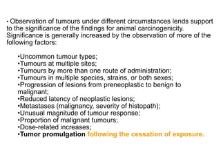 • Observation   of tumours under different circumstances lends support
to the significance of the findings for animal carcinogenicity.
Significance is generally increased by the observation of more of the
following factors:

   •Uncommon tumour types;
   •Tumours at multiple sites;
   •Tumours by more than one route of administration;
   •Tumours in multiple species, strains, or both sexes;
   •Progression of lesions from preneoplastic to benign to
   malignant;
   •Reduced latency of neoplastic lesions;
   •Metastases (malignancy, severity of histopath);
   •Unusual magnitude of tumour response;
   •Proportion of malignant tumours;
   •Dose-related increases;
   •Tumor promulgation following the cessation of exposure.
 