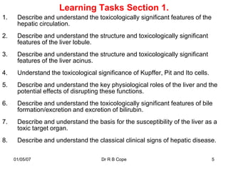 Learning Tasks Section 1.
1.    Describe and understand the toxicologically significant features of the
      hepatic circulation.
2.    Describe and understand the structure and toxicologically significant
      features of the liver lobule.
3.    Describe and understand the structure and toxicologically significant
      features of the liver acinus.
4.    Understand the toxicological significance of Kupffer, Pit and Ito cells.
5.    Describe and understand the key physiological roles of the liver and the
      potential effects of disrupting these functions.
6.    Describe and understand the toxicologically significant features of bile
      formation/excretion and excretion of bilirubin.
7.    Describe and understand the basis for the susceptibility of the liver as a
      toxic target organ.
8.    Describe and understand the classical clinical signs of hepatic disease.

     01/05/07                        Dr R B Cope                                 5
 