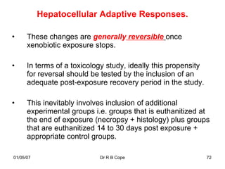 Hepatocellular Adaptive Responses.

•     These changes are generally reversible once
      xenobiotic exposure stops.

•     In terms of a toxicology study, ideally this propensity
      for reversal should be tested by the inclusion of an
      adequate post-exposure recovery period in the study.

•     This inevitably involves inclusion of additional
      experimental groups i.e. groups that is euthanitized at
      the end of exposure (necropsy + histology) plus groups
      that are euthanitized 14 to 30 days post exposure +
      appropriate control groups.

01/05/07                    Dr R B Cope                         72
 