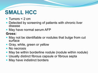 SMALL HCC
 Tumors < 2 cm
 Detected by screening of patients with chronic liver
disease
 May have normal serum AFP
Gross:
 May not be identifiable or nodules that bulge from cut
surface
 Gray, white, green or yellow
 No necrosis
 May be within borderline nodule (nodule within nodule)
 Usually distinct fibrous capsule or fibrous septa
 May have indistinct borders
 
