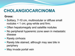 CHOLANGIOCARCINOMA
Gross:
 Solitary, 7-10 cm, multinodular or diffuse small
nodules < 1 cm; gray-white and firm;
 Often hepatomegaly and satellite nodules
 No peripheral hyperemic zone seen in metastatic
disease
 Rarely cirrhosis
 Rarely bile stained, although may see bile in
periphery
 May invade portal vein
 