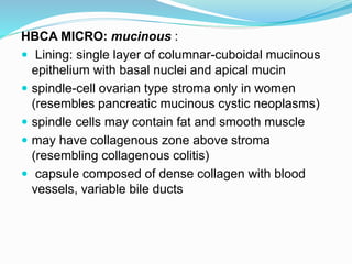 HBCA MICRO: mucinous :
 Lining: single layer of columnar-cuboidal mucinous
epithelium with basal nuclei and apical mucin
 spindle-cell ovarian type stroma only in women
(resembles pancreatic mucinous cystic neoplasms)
 spindle cells may contain fat and smooth muscle
 may have collagenous zone above stroma
(resembling collagenous colitis)
 capsule composed of dense collagen with blood
vessels, variable bile ducts
 