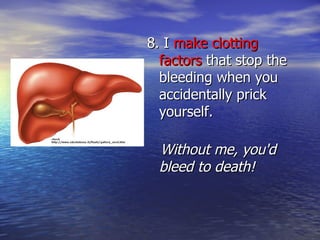 8. I  make clotting factors  that stop the bleeding when you accidentally prick yourself. Without me, you'd bleed to death! 
