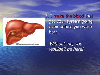 5. I  make the blood  that got your system going even before you were born. Without me, you wouldn't be here! 