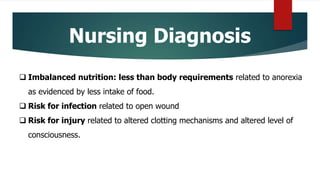 Nursing Diagnosis
 Imbalanced nutrition: less than body requirements related to anorexia
as evidenced by less intake of food.
 Risk for infection related to open wound
 Risk for injury related to altered clotting mechanisms and altered level of
consciousness.
 