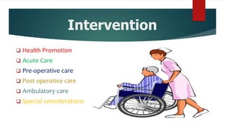 Intervention
 Health Promotion
 Acute Care
 Pre-operative care
 Post operative care
 Ambulatory care
 Special considerations
 