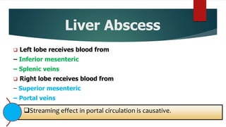 Liver Abscess
 Left lobe receives blood from
– Inferior mesenteric
– Splenic veins
 Right lobe receives blood from
– Superior mesenteric
– Portal veins
Streaming effect in portal circulation is causative.
 