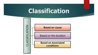 Classification
Based on cause
Based on the duration
Based on Associated
conditions
CLASSIFICATION
 