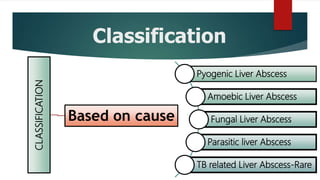 Classification
Based on cause
CLASSIFICATION
Pyogenic Liver Abscess
Amoebic Liver Abscess
Fungal Liver Abscess
Parasitic liver Abscess
TB related Liver Abscess-Rare
 