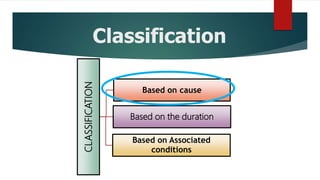 Classification
Based on cause
Based on the duration
Based on Associated
conditions
CLASSIFICATION
 