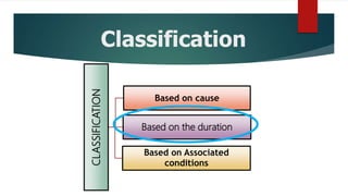 Classification
Based on cause
Based on the duration
Based on Associated
conditions
CLASSIFICATION
 
