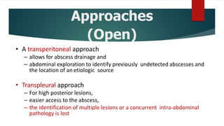 Approaches
(Open)
• A transperitoneal approach
– allows for abscess drainage and
– abdominal exploration to identify previously undetected abscesses and
the location of an etiologic source
• Transpleural approach
– For high posterior lesions,
– easier access to the abscess,
– the identification of multiple lesions or a concurrent intra-abdominal
pathology is lost
 