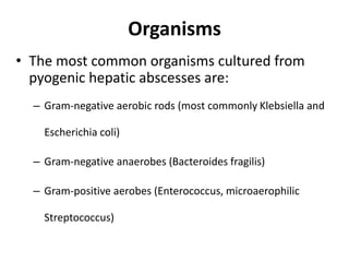 Organisms
• The most common organisms cultured from
pyogenic hepatic abscesses are:
– Gram-negative aerobic rods (most commonly Klebsiella and
Escherichia coli)
– Gram-negative anaerobes (Bacteroides fragilis)
– Gram-positive aerobes (Enterococcus, microaerophilic
Streptococcus)
 