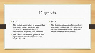 Diagnosis
• PLA
• The clinical presentation of pyogenic liver
abscess is usually subacute and
nonspecific, leading to delays in
presentation, diagnosis, and treatment.
• The classic triad of fever, jaundice, and
right upper quadrant tenderness was
maybe present
• HLA
• The definitive diagnosis of amebic liver
abscess is by detection of E. histolytica
trophozoites in the pus and by finding
serum antibodies to the ameba.
 