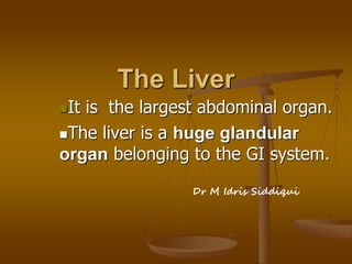 The Liver
It is the largest abdominal organ.
The liver is a huge glandular
organ belonging to the GI system.
Dr M Idris Siddiqui
 