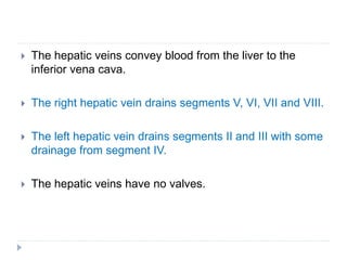  The hepatic veins convey blood from the liver to the
inferior vena cava.
 The right hepatic vein drains segments V, VI, VII and VIII.
 The left hepatic vein drains segments II and III with some
drainage from segment IV.
 The hepatic veins have no valves.
 