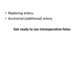 • Replacing artery;
• Accesorial (additional) artery.
Get ready to see intraoperative fotos
 