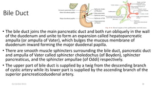 Bile Duct
• The bile duct joins the main pancreatic duct and both run obliquely in the wall
of the duodenum and unite to form an expansion called hepatopancreatic
ampulla (or ampulla of Vater), which bulges the mucous membrane of
duodenum inward forming the major duodenal papilla.
• There are smooth muscle sphincters surrounding the bile duct, pancreatic duct
and ampulla of Vater called sphincter choledochus (of Boyden), sphincter
pancreaticus, and the sphincter ampullae (of Oddi) respectively.
• The upper part of bile duct is supplied by a twig from the descending branch
of cystic artery while its lower part is supplied by the ascending branch of the
superior pancreaticoduodenal artery.
01/14/2022 09:41 38
 