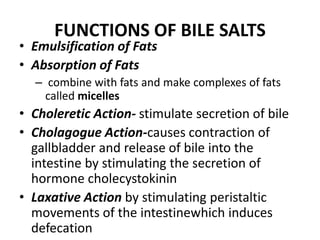 FUNCTIONS OF BILE SALTS
• Emulsification of Fats
• Absorption of Fats
– combine with fats and make complexes of fats
called micelles
• Choleretic Action- stimulate secretion of bile
• Cholagogue Action-causes contraction of
gallbladder and release of bile into the
intestine by stimulating the secretion of
hormone cholecystokinin
• Laxative Action by stimulating peristaltic
movements of the intestinewhich induces
defecation
 
