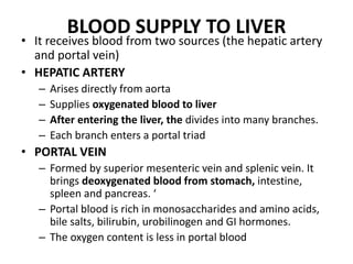 BLOOD SUPPLY TO LIVER
• It receives blood from two sources (the hepatic artery
and portal vein)
• HEPATIC ARTERY
– Arises directly from aorta
– Supplies oxygenated blood to liver
– After entering the liver, the divides into many branches.
– Each branch enters a portal triad
• PORTAL VEIN
– Formed by superior mesenteric vein and splenic vein. It
brings deoxygenated blood from stomach, intestine,
spleen and pancreas. ‘
– Portal blood is rich in monosaccharides and amino acids,
bile salts, bilirubin, urobilinogen and GI hormones.
– The oxygen content is less in portal blood
 