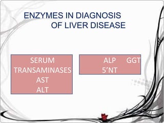 ENZYMES IN DIAGNOSIS
OF LIVER DISEASE
SERUM
TRANSAMINASES
AST
ALT
ALP GGT
5’NT
 