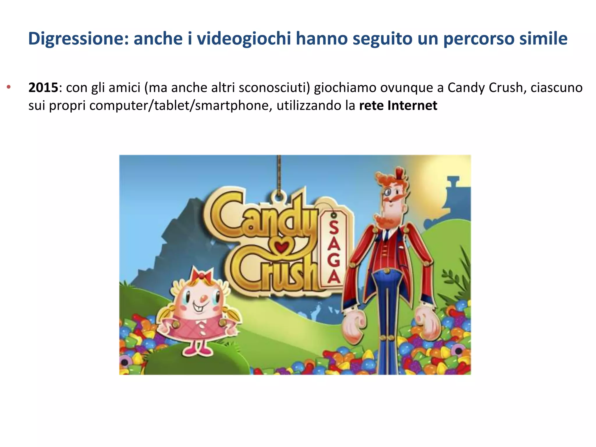 Digressione: anche i videogiochi hanno seguito un percorso simile
• 2015: con gli amici (ma anche altri sconosciuti) giochiamo ovunque a Candy Crush, ciascuno
sui propri computer/tablet/smartphone, utilizzando la rete Internet
 