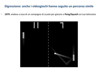 Digressione: anche i videogiochi hanno seguito un percorso simile
• 1979: andavo a casa di un compagno di scuola per giocare a Pong/Squash sul suo televisore
 