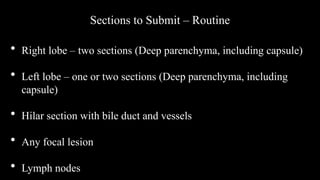 Sections to Submit – Routine
• Right lobe – two sections (Deep parenchyma, including capsule)
• Left lobe – one or two sections (Deep parenchyma, including
capsule)
• Hilar section with bile duct and vessels
• Any focal lesion
• Lymph nodes
 