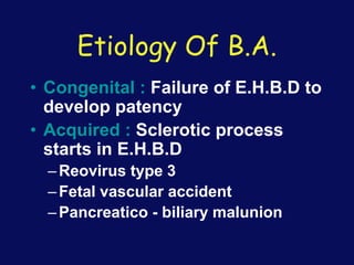 Etiology Of B.A.
• Congenital : Failure of E.H.B.D to
develop patency
• Acquired : Sclerotic process
starts in E.H.B.D
–Reovirus type 3
–Fetal vascular accident
–Pancreatico - biliary malunion
 