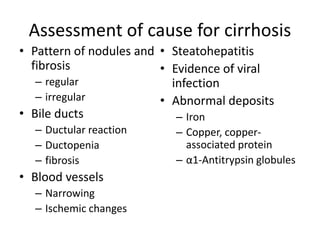 Assessment of cause for cirrhosis
• Pattern of nodules and
fibrosis
– regular
– irregular
• Bile ducts
– Ductular reaction
– Ductopenia
– fibrosis
• Blood vessels
– Narrowing
– Ischemic changes
• Steatohepatitis
• Evidence of viral
infection
• Abnormal deposits
– Iron
– Copper, copper-
associated protein
– α1-Antitrypsin globules
 