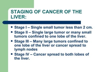 STAGING OF CANCER OF THE LIVER: ,[object Object],[object Object],[object Object],[object Object]