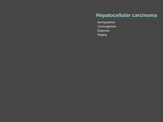 Demographics
Carcinogenesis
Diagnosis
Staging
 