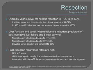    Overall 5-year survival for hepatic resection in HCC is 25-50%
     • If solitary tumor and non-cirrhotic liver, 5-year survival is 41-74%
     • If HCC is multifocal or has vascular invasion, 5-year survival is <25%


   Liver function and portal hypertension are important predictors of
    post-operative liver failure and 5-year survival
     • Normal serum bilirubin and no portal HTN: 70%
     • Normal serum bilirubin and portal HTN: 50%
     • Elevated serum bilirubin and portal HTN: 30%


   Post-resection recurrence rates are high
     • 70% at 5 years
     • >80% intrahepatic; usually due to dissemination from primary tumor
     • Associated with high AFP, larger/more numerous tumors, and vascular invasion


    Bruix J, Castells A, Bosch J, et al. Surgical resection of hepatocellular carcinoma in cirrhotic patients: prognostic value of preoperative portal pressure.
    Gastroenterology 1996;111(4):1018–22..
 