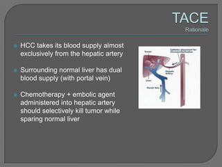    HCC takes its blood supply almost
    exclusively from the hepatic artery

   Surrounding normal liver has dual
    blood supply (with portal vein)

   Chemotherapy + embolic agent
    administered into hepatic artery
    should selectively kill tumor while
    sparing normal liver
 