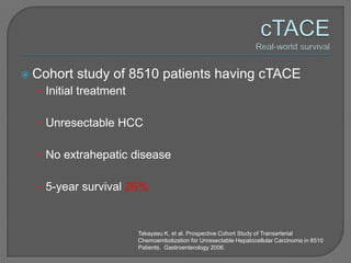  Cohort   study of 8510 patients having cTACE
  • Initial treatment


  • Unresectable HCC


  • No extrahepatic disease


  • 5-year survival 26%



                        Takayasu K, et al. Prospective Cohort Study of Transarterial
                        Chemoembolization for Unresectable Hepatocellular Carcinoma in 8510
                        Patients. Gastroenterology 2006.
 