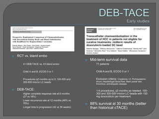    RCT vs. bland embo
                                                          Mid-term survival data
     •   41 DEB-TACE vs. 43 bland embo                      •   71 patients

     •   Child A and B, ECOG 0 or 1                         •   Child A and B, ECOG 0 or 1

     •   Procedures q2 months up to 3; 100-300 and          •   Exclusion criteria: Creatinine >2, Portosystemic
         300-500 micron LC beads                                shunt, Hepatofugal blood flow, Main portal vein
                                                                thrombus, extrahepatic disease

   DEB-TACE:                                               •   1-4 procedures, q3 months as needed. 100-
     •   Higher complete response rate at 6 months              300 and 300-500 micron LC beads with 150
         (27 vs 18%)                                            mg doxorubicin per treatment.
     •   Lower recurrence rate at 12 months (46% vs
         78%)                                             88% survival at 30 months (better
     •   Longer time to progression (42 vs 36 weeks)       than historical cTACE)
 