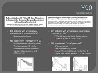    108 patients with unresectable                   291 patients with unresectable intermediate
    intermediate or advanced HCC                      or advanced HCC
     •   No extrahepatic disease                       •   PVT and limited extrahepatic disease allowed
                                                       •   17% BCLC A; 28% B; 52% C; 3% D
   159 sessions of TheraSphere Y-90
     •   40% response rate (almost all partial)      526 sessions of TheraSphere Y-90
     •   Time to progression 10 months                 •   42% response rate
     •   Overall median survival 16 months             •   Time to progression 8 months
     •   Transient fatigue syndrome and                •   Survival: 17 months Child A; 8 months Child B
         abldominal pain                               •   Fatigue, pain, nausea, elevated LFTs (all 20-50%)
 