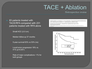    83 patients treated with
    TACE/RFA compared with 231
    patients treated with RFA alone

     •   Small HCC (2-3 cm)

     •   Median follow-up 37 months

     •   5-year survival 63% vs 53% (ns)

     •   Local tumor progression 16% vs.
         41% (p<0.001)

     •   Rate of major complications ~1% for
         both groups
 