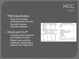   TNM classification
    • Does not consider
      underlying liver function
    • Recently revised,
      requires validation

   Okuda and CLIP
    • Consider tumor features
      and hepatic function
    • Rather inaccurate for
      prognosis, especially in
      patients with early HCC
 