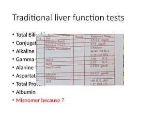Traditional liver function tests
• Total Bilirubin
• Conjugated Bilirubin
• Alkaline Phosphatase
• Gamma Glutamyl Transferase
• Alanine Transaminase (sgot)
• Aspartate Transaminase (sgpt)
• Total Protein
• Albumin
• Misnomer because ?
 