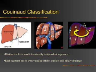 Couinaud Classification 
•Divides the liver into 8 functionally independent segments. 
•Each segment has its own vascular inflow, outflow and biliary drainage 
 