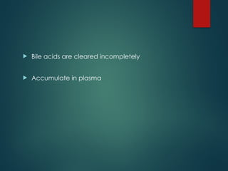  Bile acids are cleared incompletely
 Accumulate in plasma
 