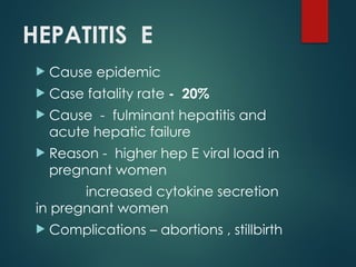 HEPATITIS E
 Cause epidemic
 Case fatality rate - 20%
 Cause - fulminant hepatitis and
acute hepatic failure
 Reason - higher hep E viral load in
pregnant women
increased cytokine secretion
in pregnant women
 Complications – abortions , stillbirth
 
