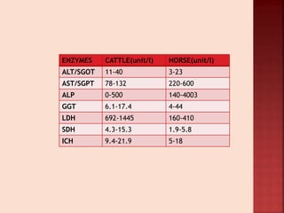 ENZYMES CATTLE(unit/l) HORSE(unit/l)
ALT/SGOT 11-40 3-23
AST/SGPT 78-132 220-600
ALP 0-500 140-4003
GGT 6.1-17.4 4-44
LDH 692-1445 160-410
SDH 4.3-15.3 1.9-5.8
ICH 9.4-21.9 5-18
 