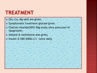  Glu ,Ca, Mg salts are given.
 Symptomatic treatment-glucose given.
 Choline chloride(50%)-50g orally once-precursor of
lipoprotein.
 Inositol & methionine also given.
 Insulin @ 200-300IU.s/c twice daily.
 