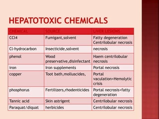 CHEMICAL SOURCE LIVER LESIONS
CCl4 Fumigant,solvent Fatty degeneration
Centrilobular necrosis
Cl-hydrocarbon Insecticide,solvent necrosis
phenol Wood
preservative,disinfectant
Haem centrilobular
necrosis
iron Iron supplements Portal necrosis
copper Toot bath,molluscides, Portal
vaculation+Hemolytic
crisis
phosphorus Fertilizers,rhodenticides Portal necrosis+fatty
degeneration
Tannic acid Skin astrigent Centrilobular necrosis
Paraquat/diquat herbicides Centrilobular necrosis
 