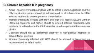 C. Chronic hepatitis B in pregnancy
 Active–passive immunoprophylaxis with hepatitis B immunoglobulin and the
HBV vaccination series should be administered to all infants born to HBV-
infected mothers to prevent perinatal transmission
 Women chronically infected with HBV and high viral load (>200,000 U/ml or
>10 6 log copies/ml and higher) should be offered antiviral medication with
tenofovir or telbivudine in the third trimester to reduce perinatal transmission
of HBV
 C-section should not be performed electively in HBV-positive mothers to
prevent foetal infection
 Women chronically infected with HBV should be allowed to breastfeed as
recommended for infant health
Am J Gastroenterol 2016
 